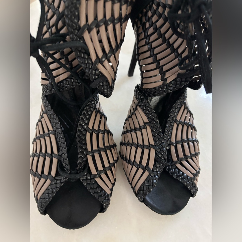 SCHUTZ Black and Beige Strappy Heels